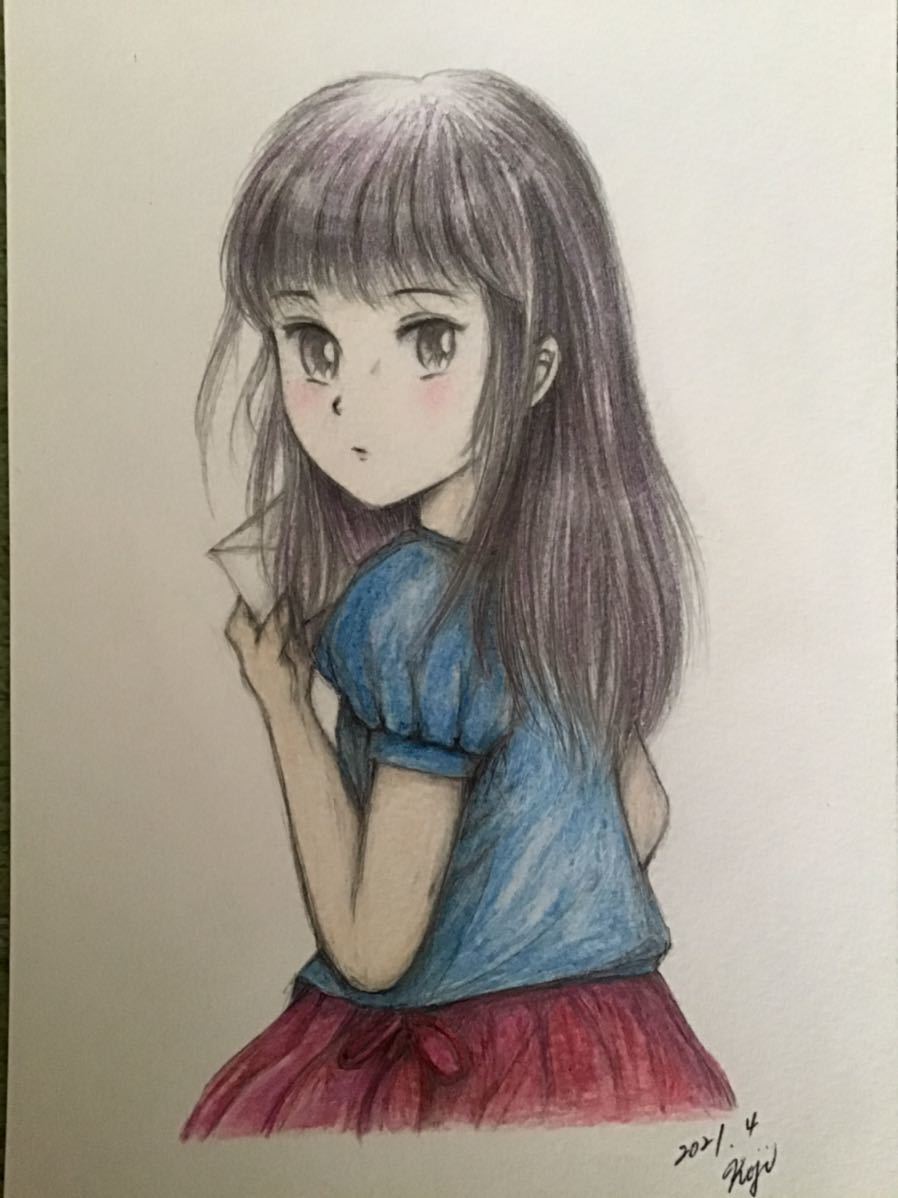 ヤフオク 手書きイラスト 女の子 ラブレター 鉛筆 色鉛筆