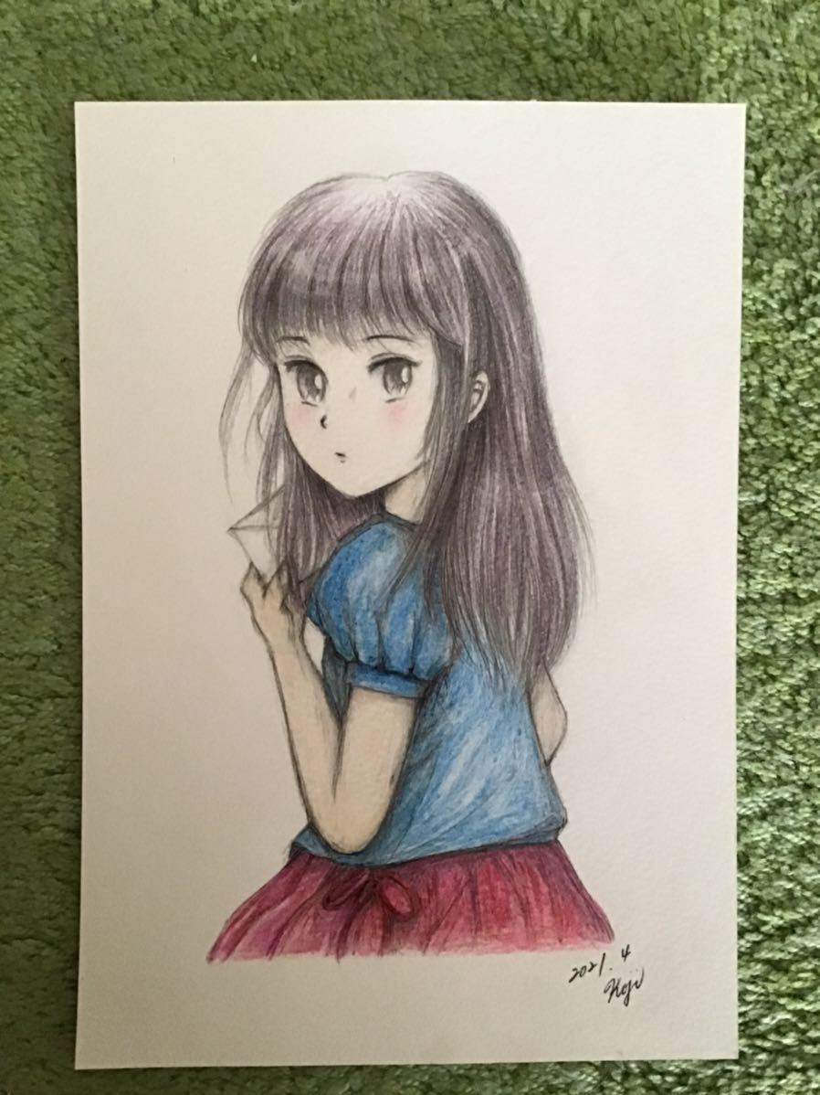 手書きイラスト 女の子 サイズ16 5 11 5 ボールペン ラブレター 新品 画用紙 色鉛筆 鉛筆 全日本送料無料 ラブレター