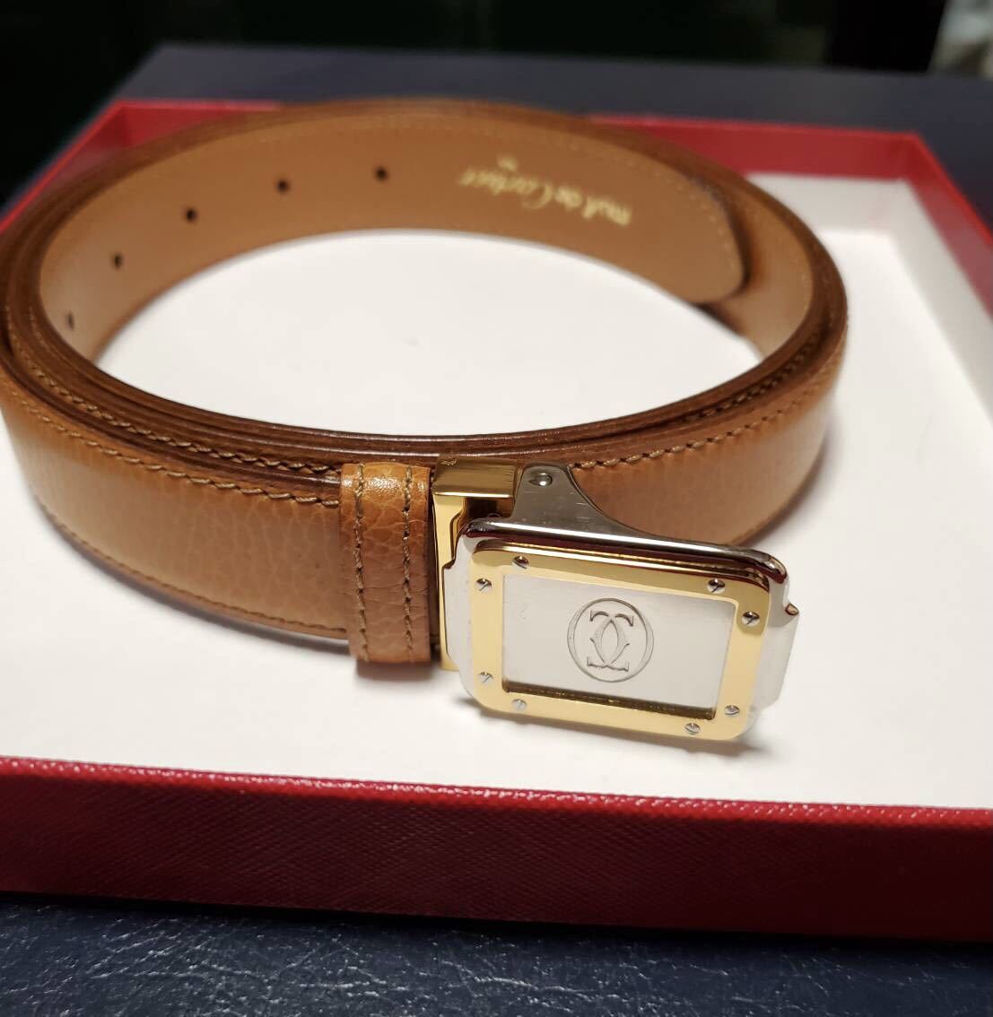 { free shipping } Cartier Must line sun tos leather belt * unused * buckle reverse side . deterioration equipped * Cartier double C Logo 