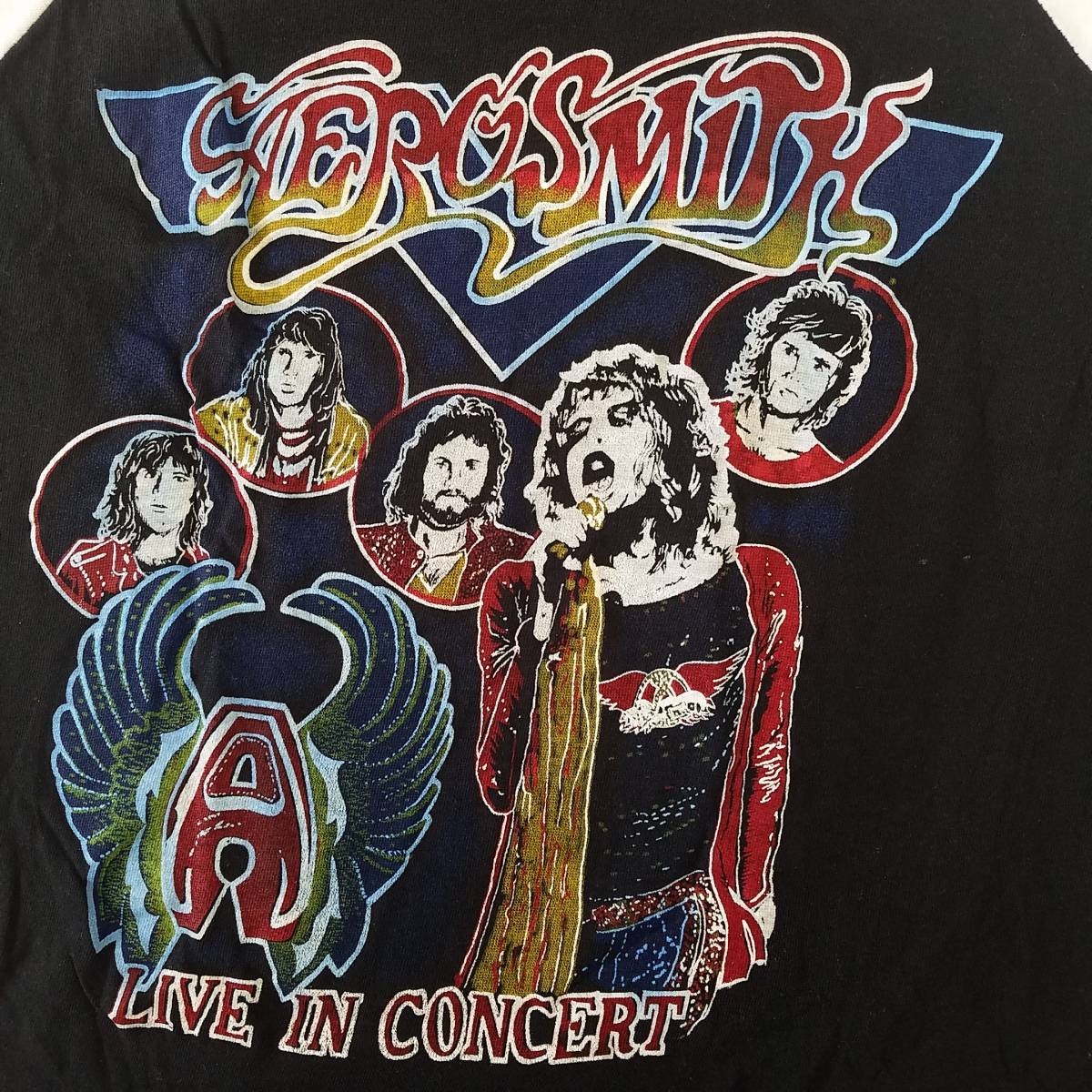 魅惑のバンドT特集! 80sデッド『AEROSMITH(エアロスミス) / ROCK IN A HARD PLACE』ツアーラグランTシャツ パキスタン製 黒×白 M／パキ綿_背面プリント