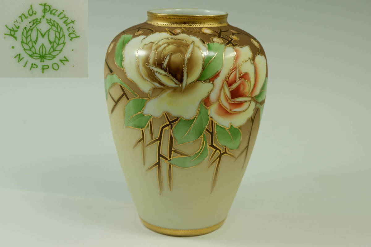 オールドノリタケ 花瓶 16cm M-NIPPON印（グリーン） 薔薇柄花瓶 里帰り