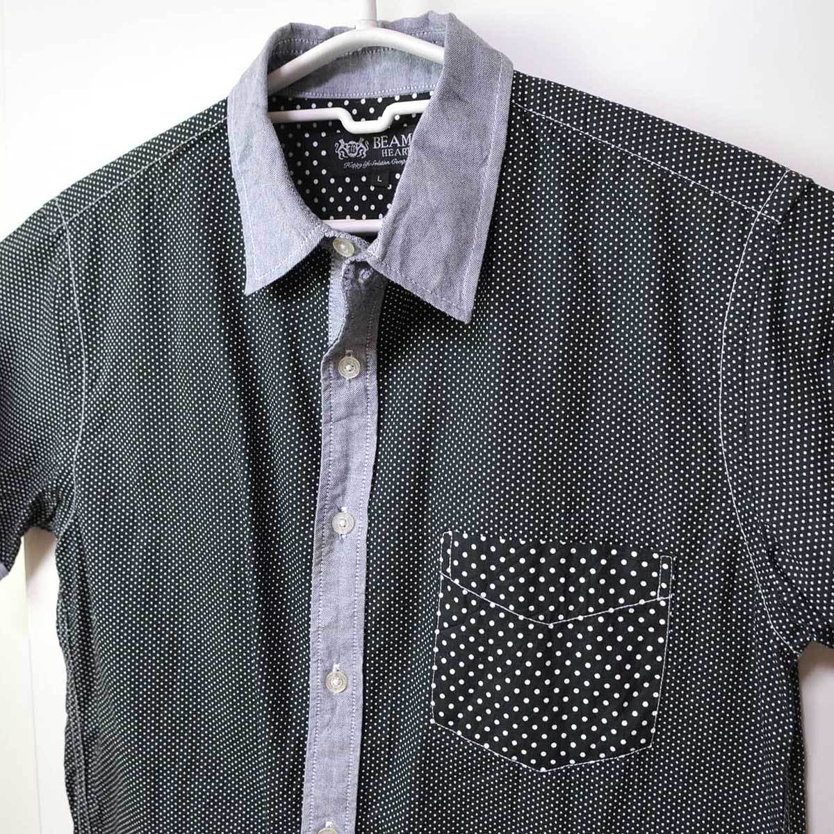  old clothes * Beams Heart short sleeves shirt black dot polka dot L xwp