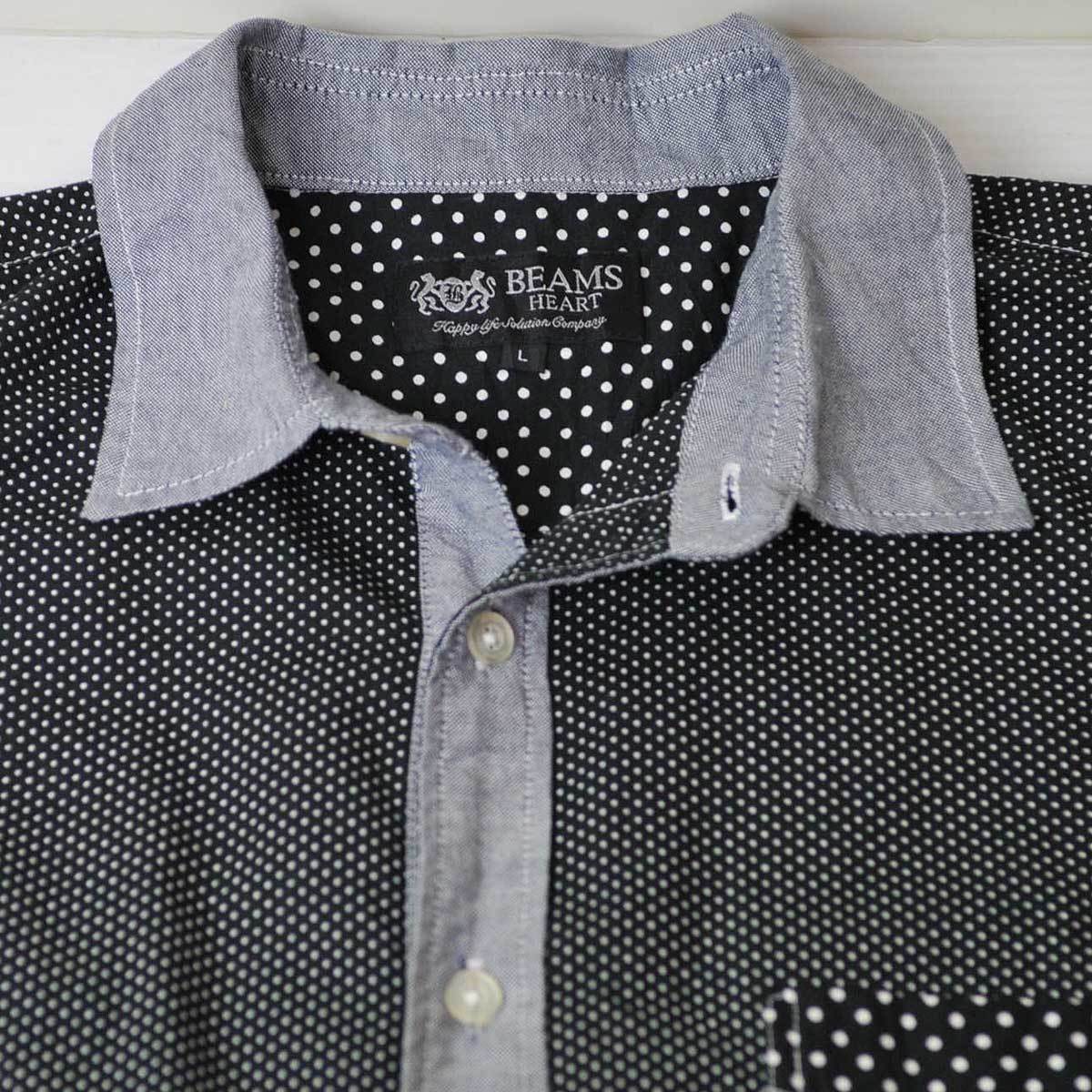  old clothes * Beams Heart short sleeves shirt black dot polka dot L xwp