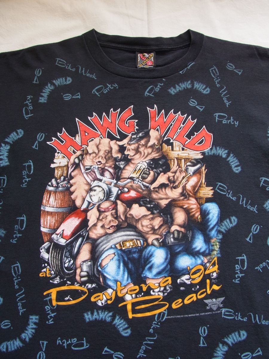 ☆ 90s USA製 ビンテージ 3D EMBLEM HARLEY-DAVIDSON ハーレーダビッドソン 1994 HAWG WILD 豚 Tシャツ sizeXXL 黒 ☆古着 総柄 80s OLD_画像2