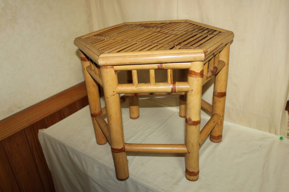 ☆竹製六角型香炉台飾り台椅子ベンチテーブル/花台/盆栽台/煎茶道具①