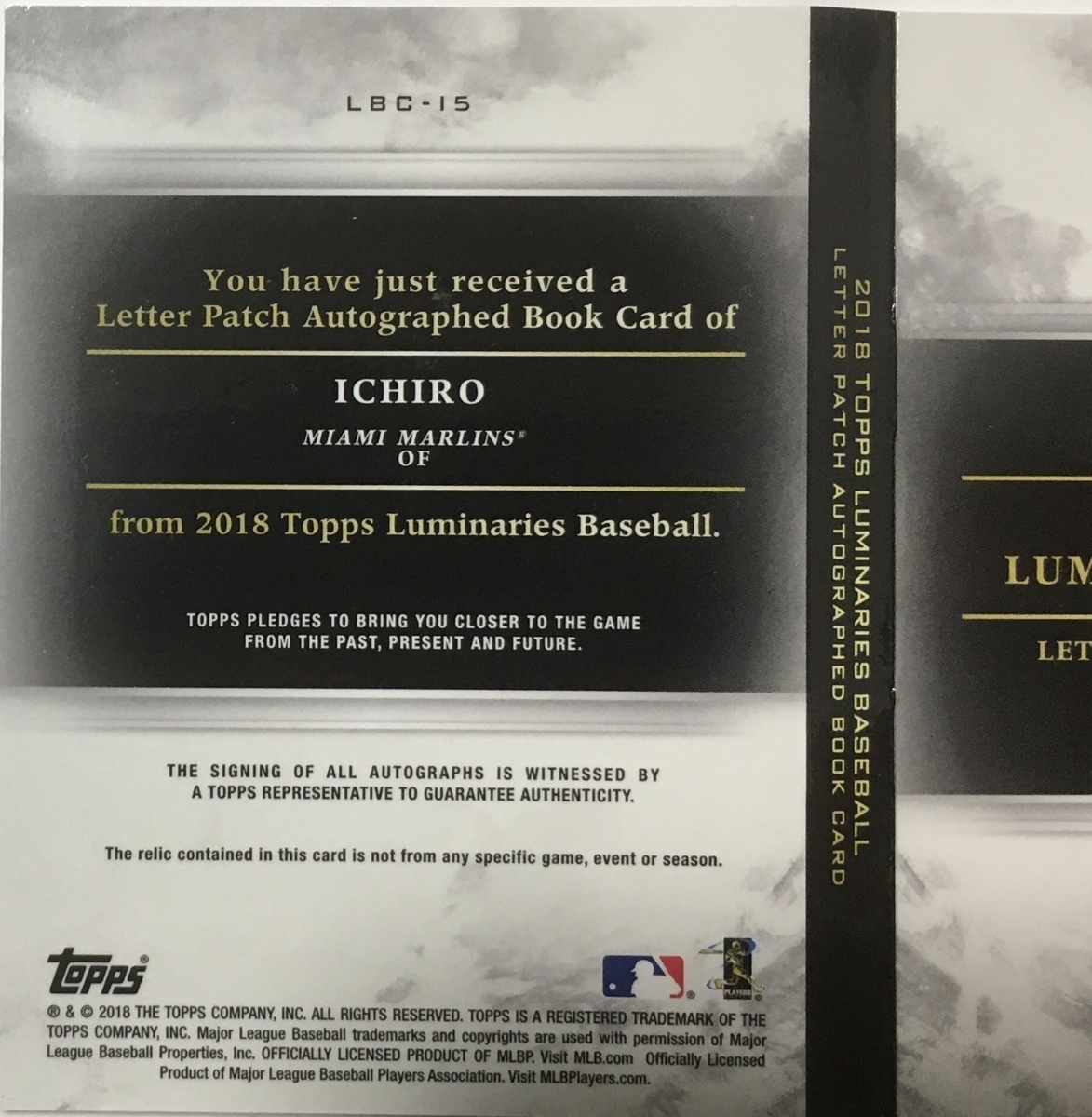 【1/1枚限定】イチロー直書きサイン実使用ジャンボパッチ 2018 Topps Luminaries Game-used Jumbo Letter Patch Auto_画像4