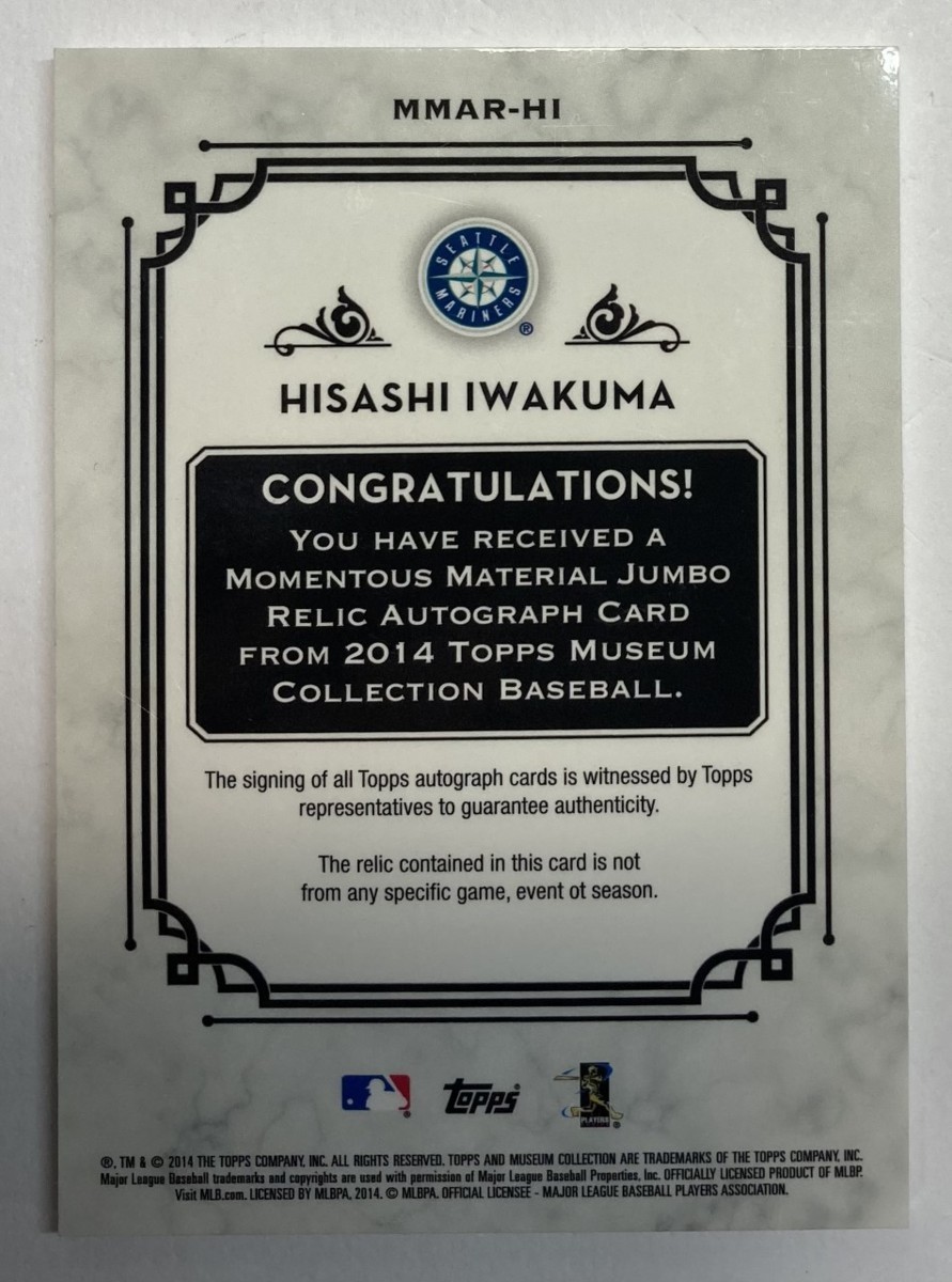 【超レア!ラストNo. 10/10枚限定】岩隈久志直筆サイン実使用特大パッチ 2014 Topps Museum Collection Silver Game-used Patch Auto_画像3