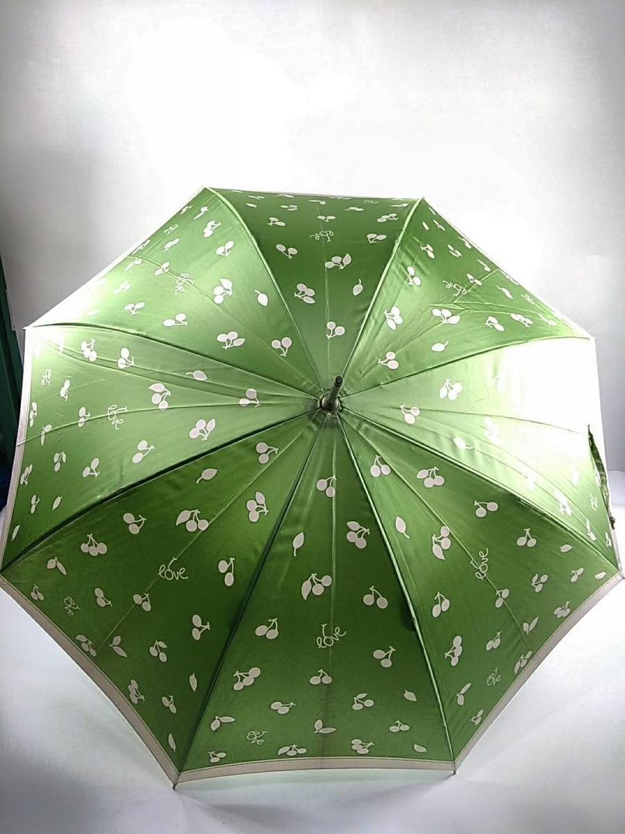 NU0060●【SALE】Yves Saint Laurent イヴサンローラン 雨傘 女性用 中古美品　薄緑チェリー模様_画像2