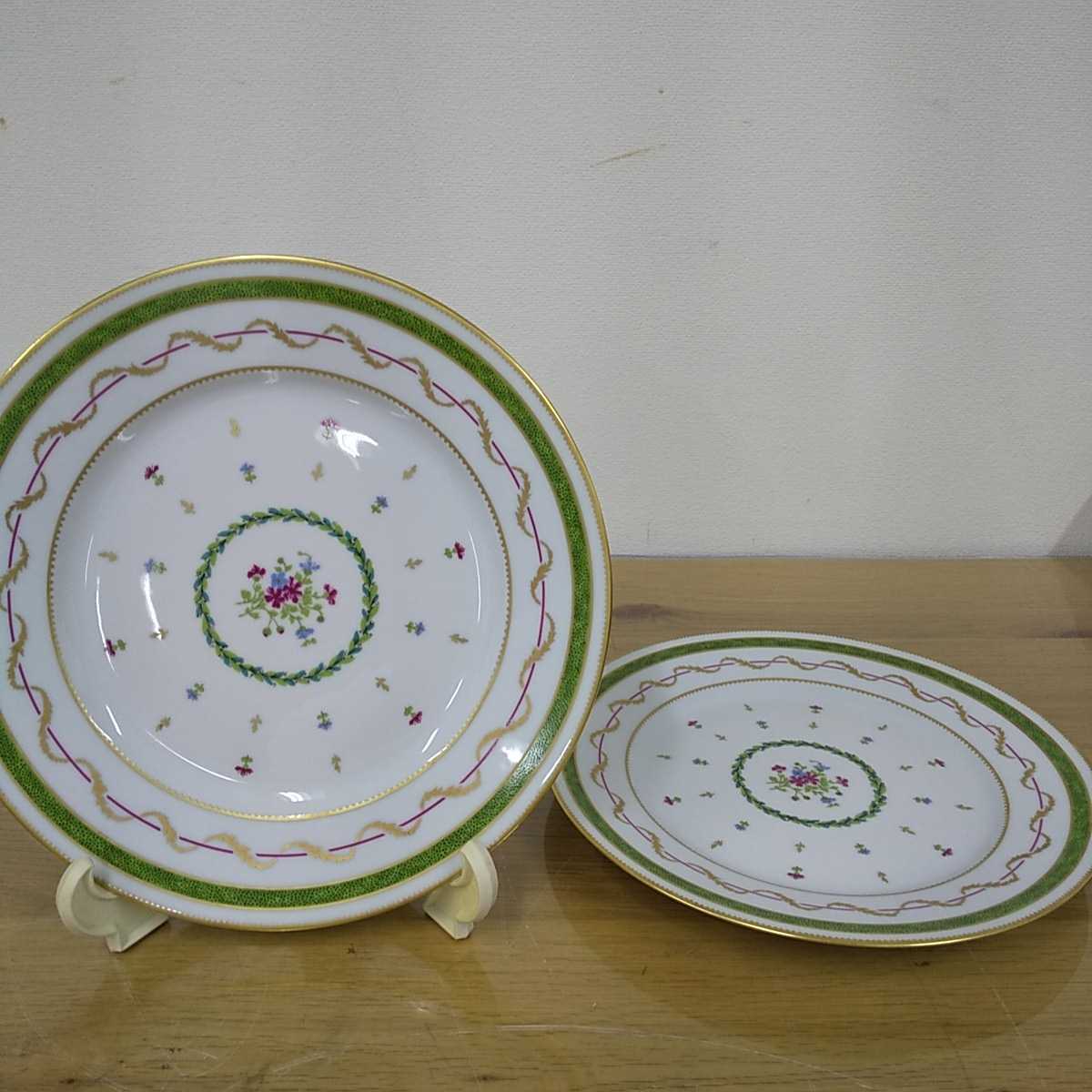 ④美品 2枚 Hviland Limoges アビランド リモージュ Vieux Paris Vert ヴューパリヴェール お皿 プレート ディナープレート 26cm 210420 棚_画像1