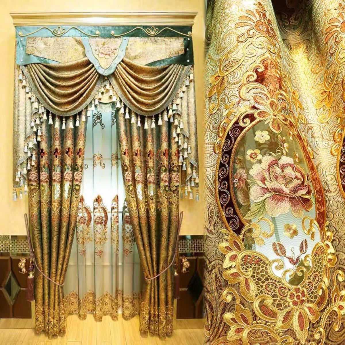 ドレープカーテン レースカーテン オーダーサイズ ゴールド 花柄 ゴージャス きれい おしゃれ カーテン幅 縦 ヨーロッパ風