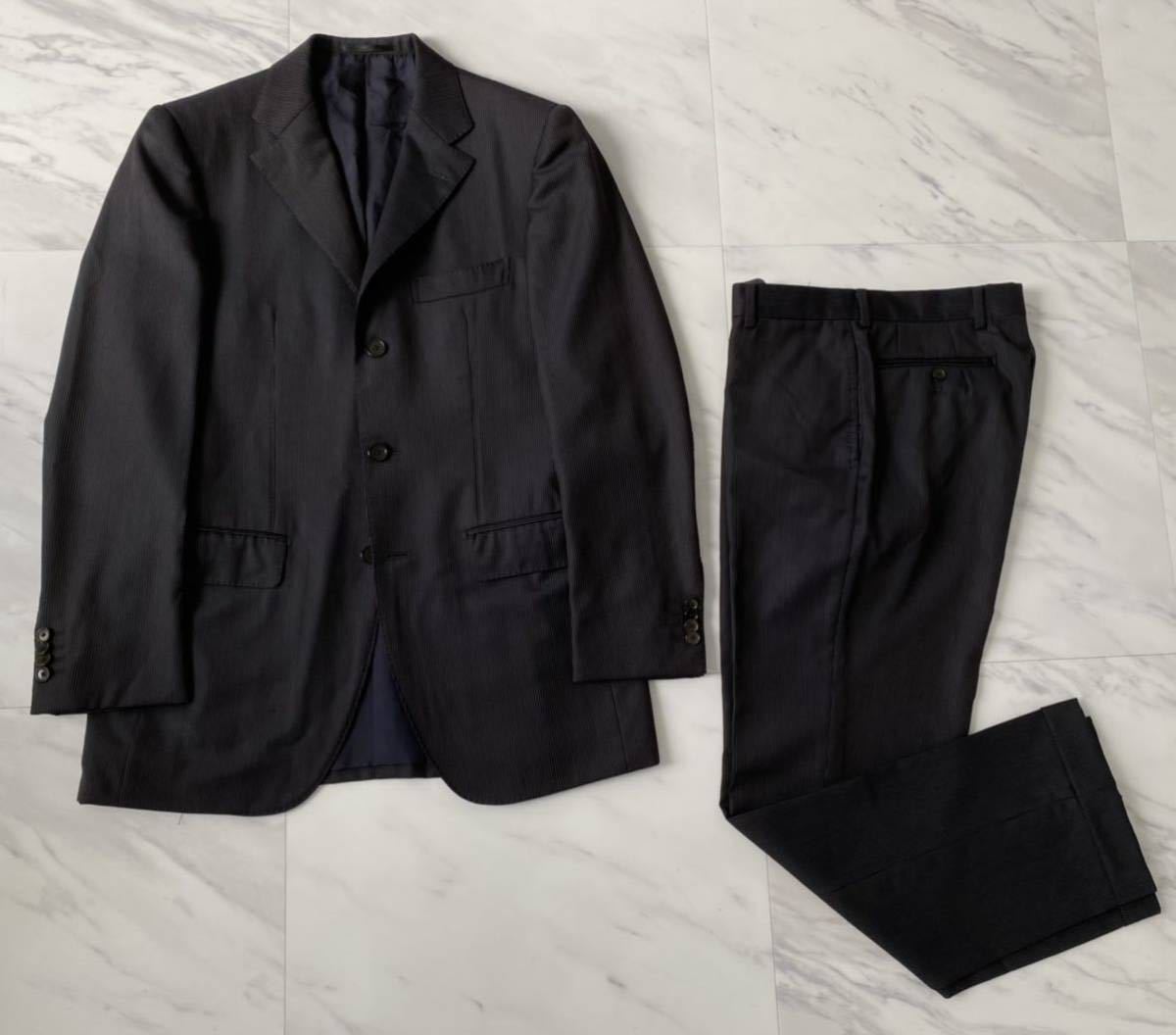 超美品 Loro Piana Super120s 春夏 ストライプ ウール セットアップ スーツ 46 ブラック ロロピアーナ生地 ジャケット パンツ EDIFICE 別注_画像1