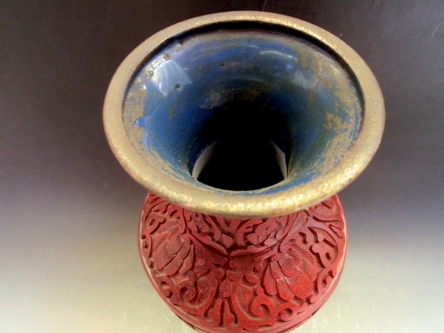 花瓶□堆朱山水花唐草口広瓶 木彫り 古い花器 古玩 唐物 中国 古美術 