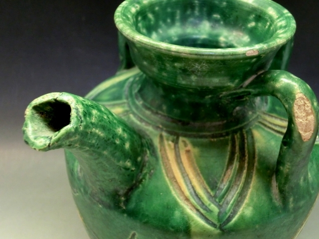 水注□唐物緑釉魚紋耳付箆目水瓶 水差 花瓶 古玩 古陶 中国 古美術