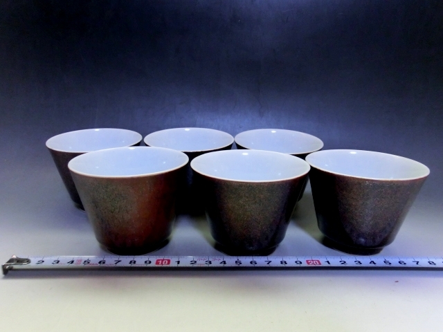 煎茶碗□寛山湯飲み6客煎茶器のぞき花唐草紋湯呑み揃え煎茶道具古美術