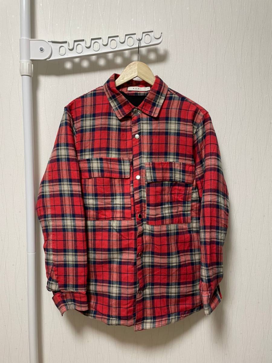[MNML] オーバーサイズ チェックシャツ ジャケット S レッド 中綿 ミニマル