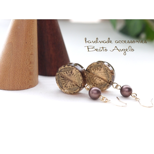 *+angelo+ Germany beads coin . Swarovski pearl. earrings (p-009) sepia G light brown 