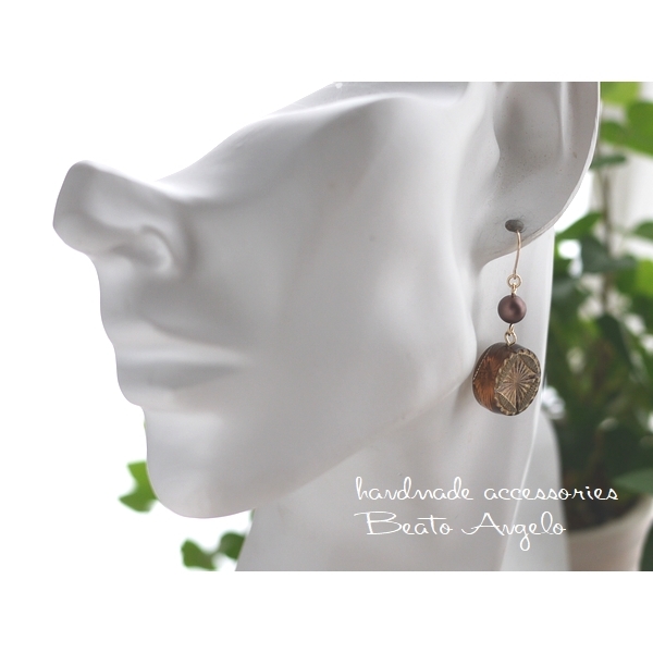 *+angelo+ Germany beads coin . Swarovski pearl. earrings (p-009) sepia G light brown 