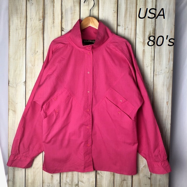 USA古着 80s 変形 デザインシャツ 12 濃ピンク ゆったり オールド ヴィンテージ アメリカ古着●122_画像1