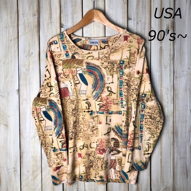 USA б/у одежда старый плата рисунок ejipto рисунок cut and sewn long T 1(M~L) Old Vintage America б/у одежда общий рисунок 7 минут рукав *10