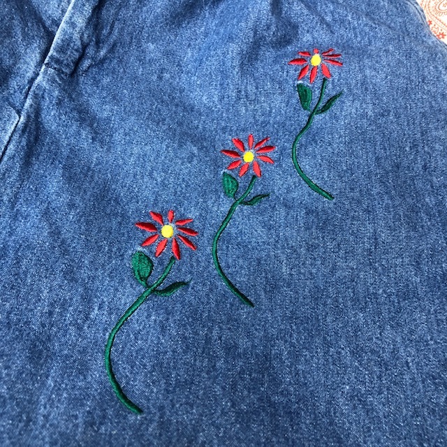 USA古着 80s～90s USA製 刺繍デニムスカート 14 大きめ オールド ヴィンテージ アメリカ古着　レトロ ロングスカート ●115