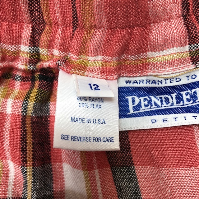 USA古着 80s～90s USA製 PENDLETON チェック柄 レーヨン・リネン スカート 12 ピンク オールド ヴィンテージ ロング ペンドルトン ●123