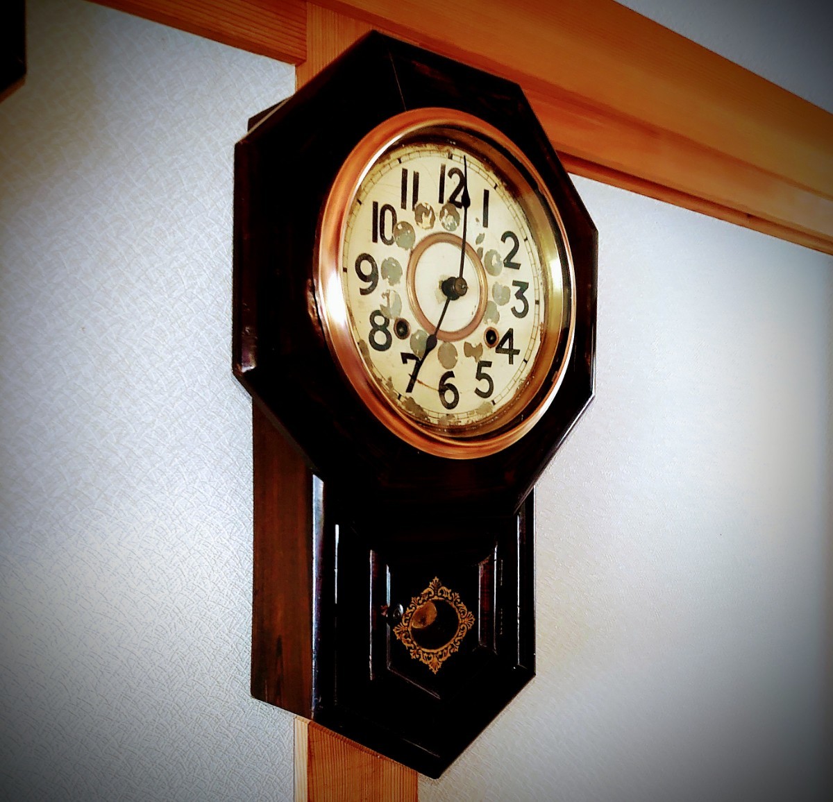 完動・美品〉林市兵衛時計製造所 十寸中鋲打八角ゼンマイ振り子時計 古
