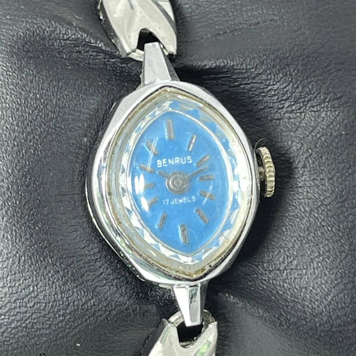 BENRUS ベンラス 腕時計 機械式 手巻き 17石 ライトブルー アーモンド型フェイス SS レディース 2針 ビンテージ 稼動品 W3075