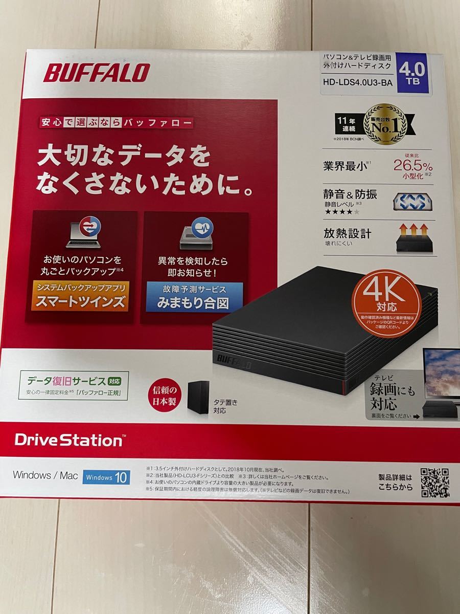 HD-LDS4.0U3-BA バッファロー USB3.1（Gen1）/3.0対応 外付けハードディスク 4TB（ブラック)