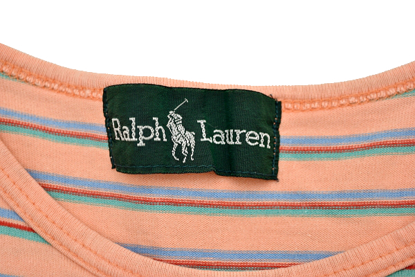 Y-1183★送料無料★Ralph Lauren ラルフローレン★春夏 90s正規品 ポニー刺繍 オレンジ ボーダー ノースリーブ ロング ワンピース Ｍ_画像3