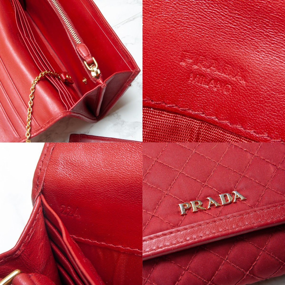 【美品】PRADA (プラダ)  テスートキルト ナイロン×レザー パスケース付き 長財布 レッド 1M1132  大容量 中古