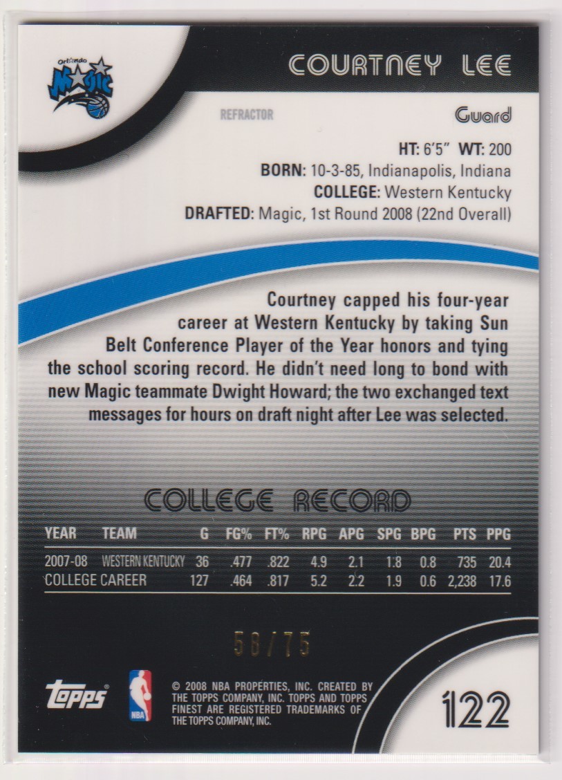 NBA COURTNEY LEE XRC 2007-08 Topps Finest BASKETBALL ROOKIE CARD REFRACTOR BLACK / 75 枚限定 コートニー・リー ブラックリフラクター_画像2