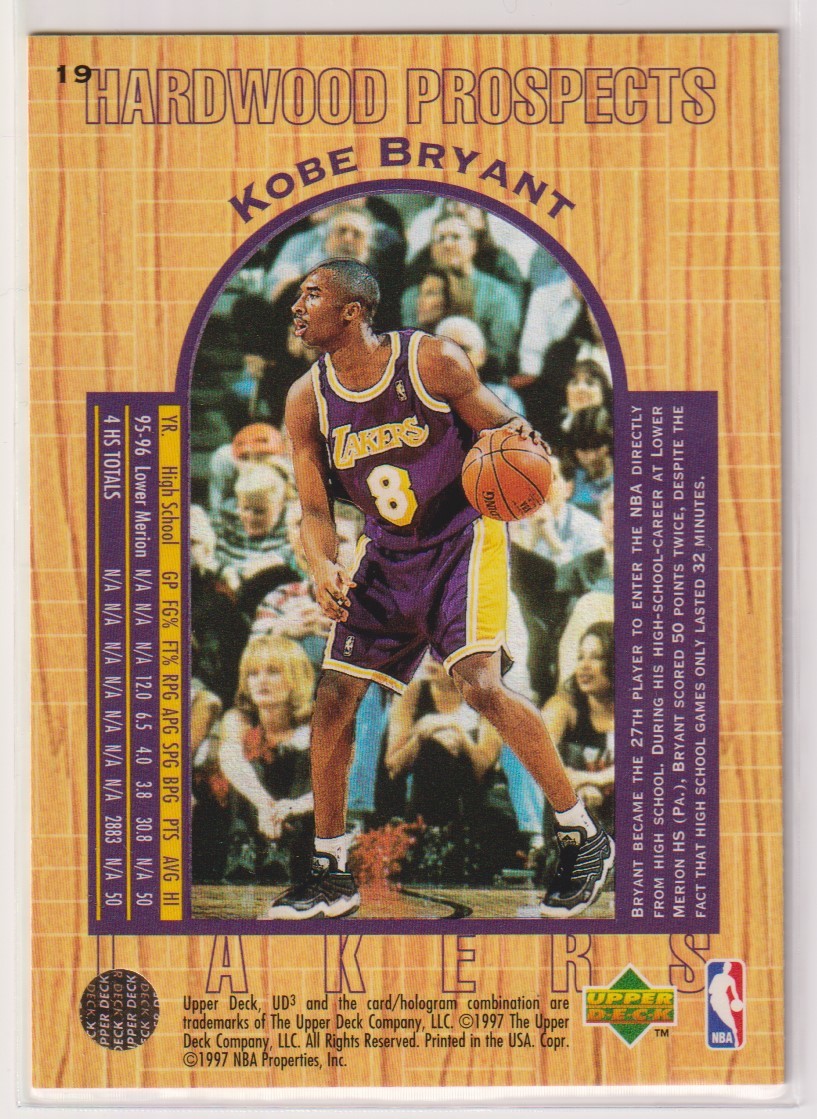 NBA KOBE BRYANT 1996-97 UPPER DECK UD3 No. 19 ROOKIE CARD BASKETBALL LAKERS コビー ブライアント レイカーズ ルーキーカード_画像2