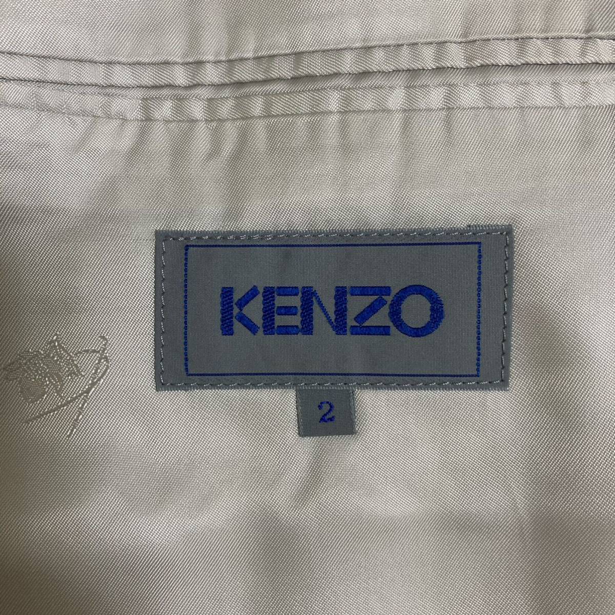 レア◆KENZO ケンゾー◆リネン 麻混 ジャガードカスリ テーラードジャケット 2 M ブルー ノーベント 背抜き 90s 日本製 ヴィンテージ