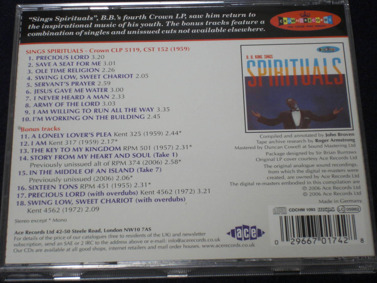 UK record CD B.B. King : Sings Spirituals Bonus Tracks 8 (Ace CDCHM 1093) A