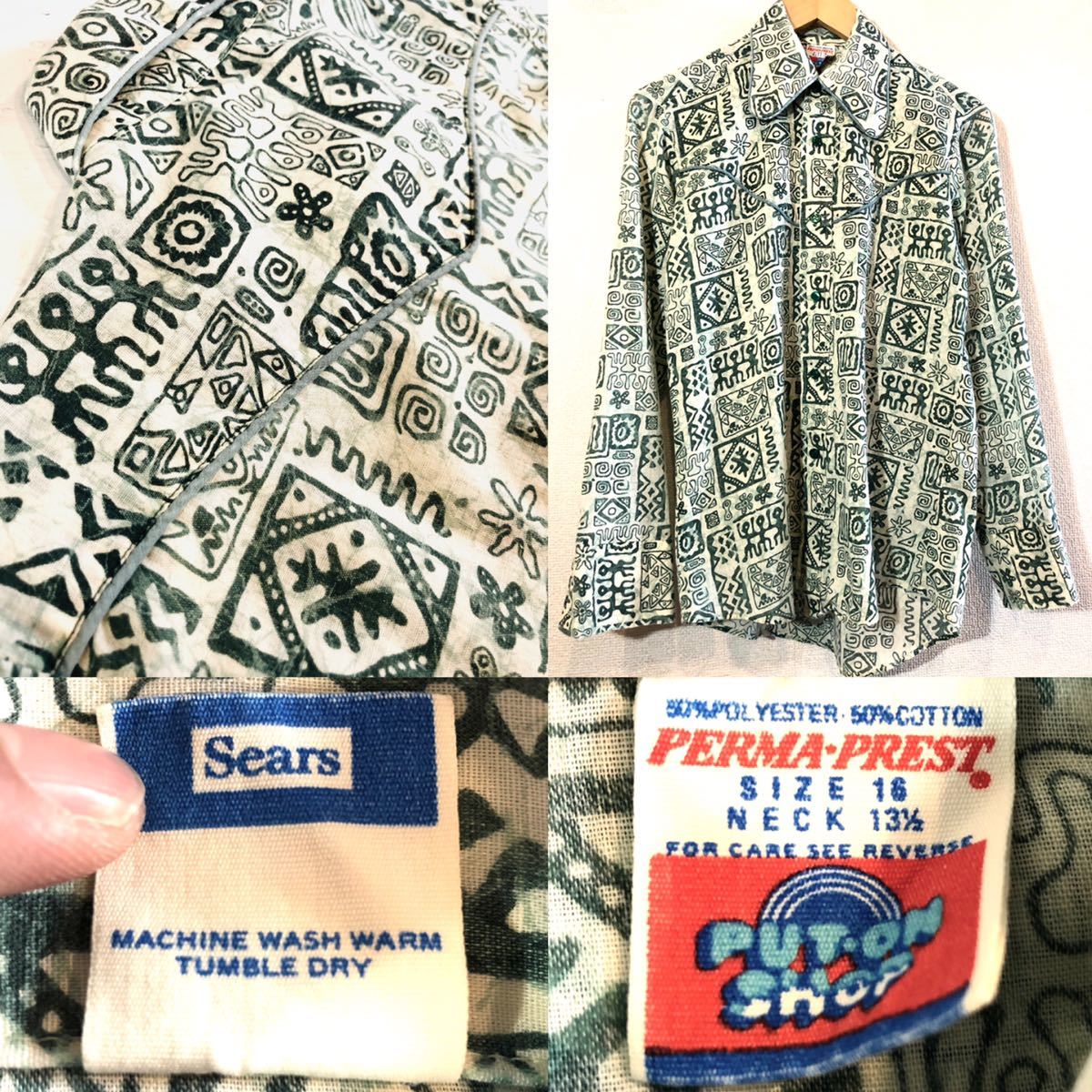 SEARS★PERMA PREST★70'sVINTAGE★シャツ★USA製★シアーズ 総柄_画像3