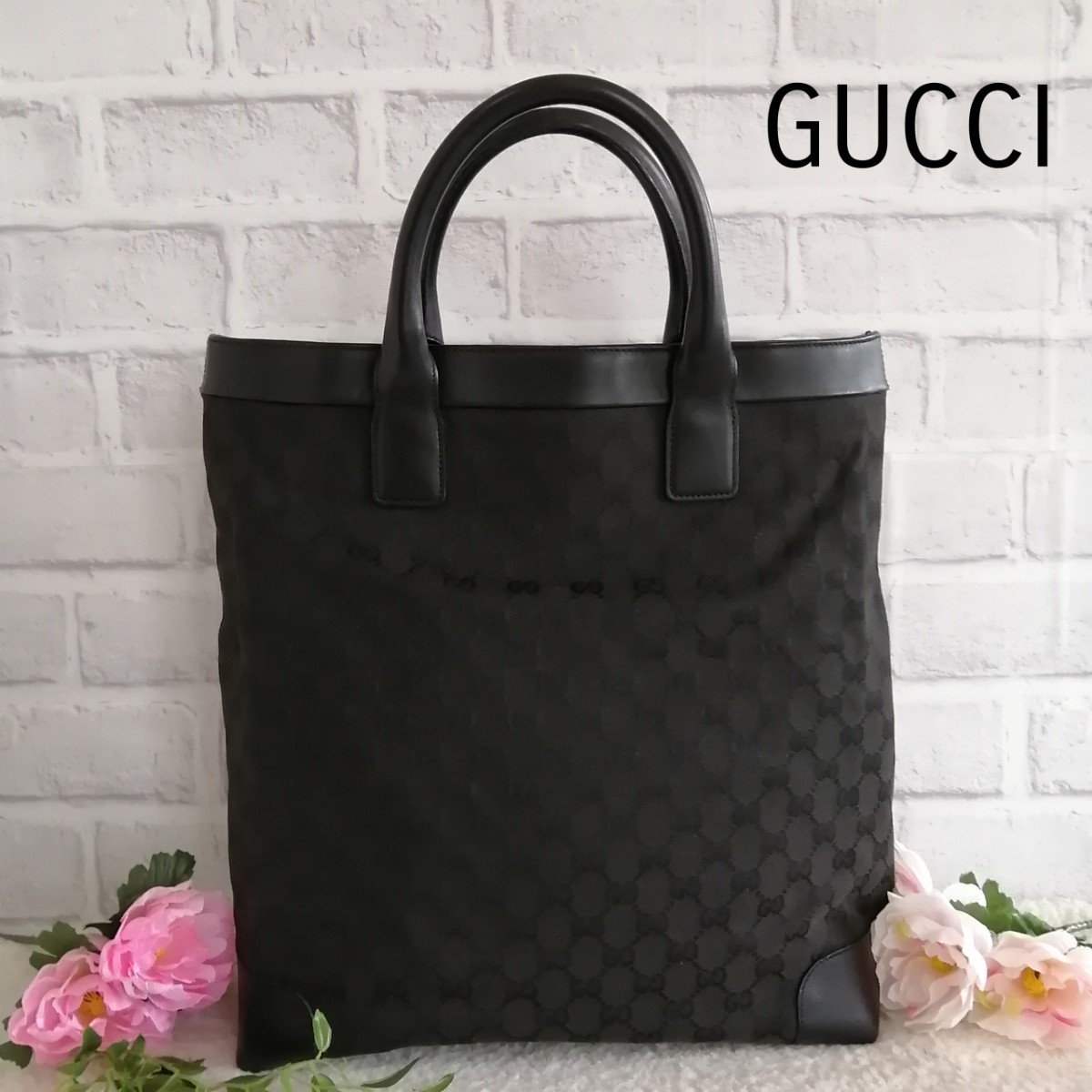 美品 GUCCI グッチ GGキャンバス レザー 大型トートバッグ ブラック