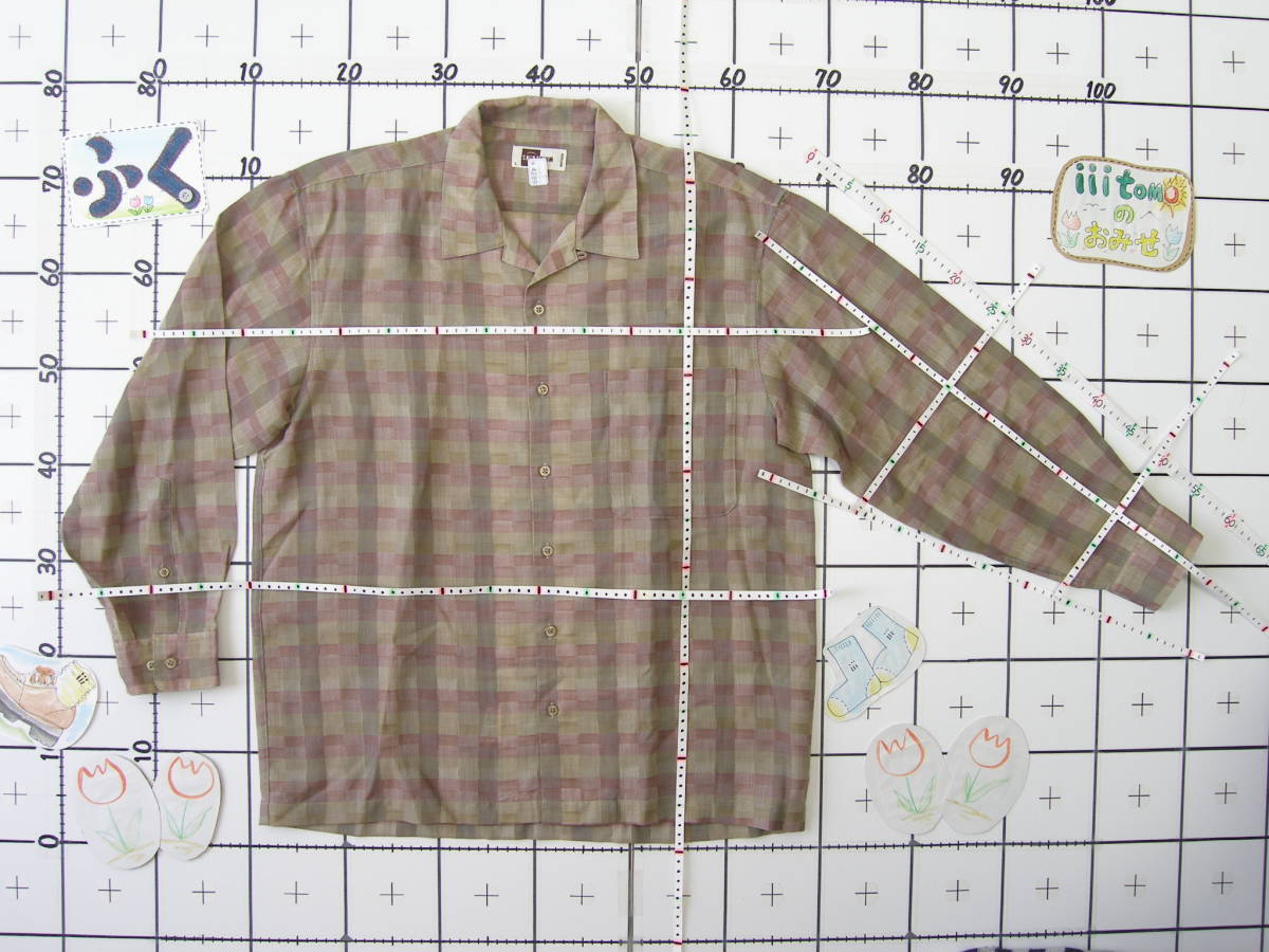 ♪服4289♪ 長袖　開襟シャツ（チェック柄） SHiRTRiUM (RENOWN レナウン) 毛85％ 日本製 Ｌ Used ～iiitomo～_寸法写真(下地のマス目は10cmです)