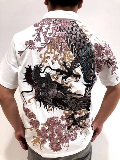 SALE　絡繰魂　粋　からくりたましい　龍神　総刺繍　ポロシャツ　白　L　和柄　カラクリ　竜　桜　好きに