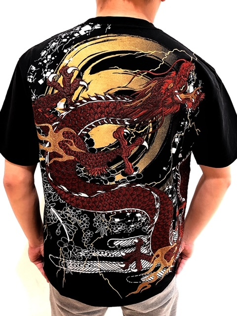 SALE　絡繰魂　粋　からくりたましい　龍神　降臨　総刺繍　Tシャツ　黒　XL　和柄　カラクリ　竜　好きに 柄もの