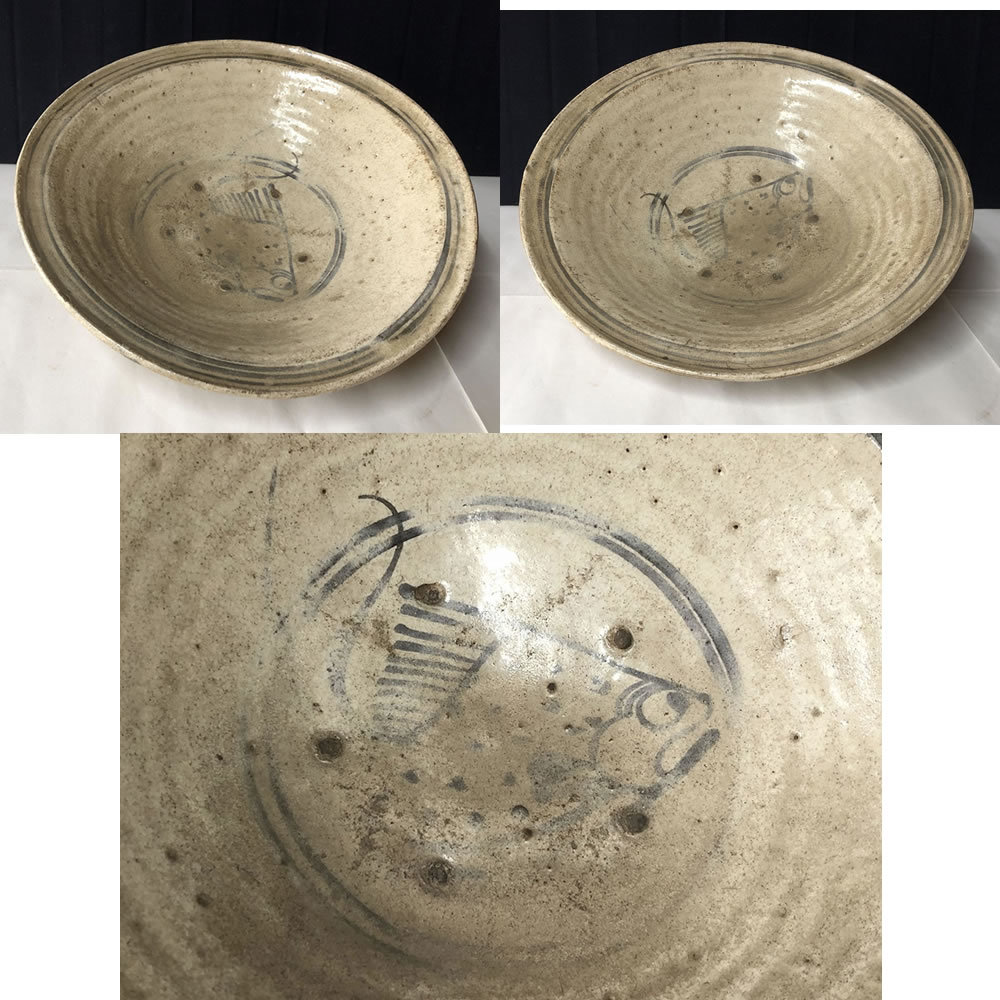 ○e877 スコタイ古窯 鉄絵魚紋平鉢 宋胡禄 飾り皿 タイの古陶 15世紀