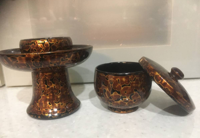 木製 茶湯器 3寸 一対2客セット 金虫 高さ12.5cm×直径9.1cm 椀付茶湯