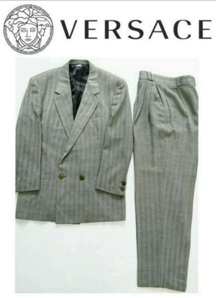  top class GIANNI VERSACE Gianni Versace Italy made Vintage mete.-sa gold . herringbone stripe double-breasted suit 48 superior article 