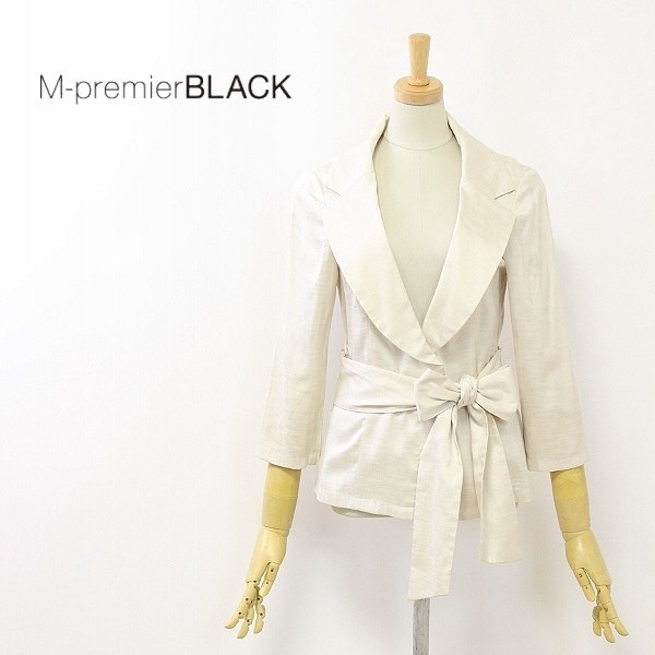M-PREMIER BLACK エムプルミエ 最大90％オフ 【ギフト】 ブラック リネン混 七分袖 38 ウエストリボン アイボリー ジャケット