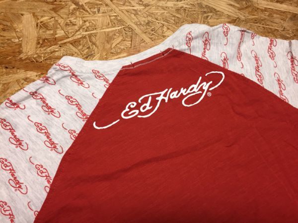 エドハーディー Ed Hardy ロゴプリント アメカジ タトゥー ラグラン 半袖Tシャツ メンズ 綿100% M 赤 ライトグレー_画像3