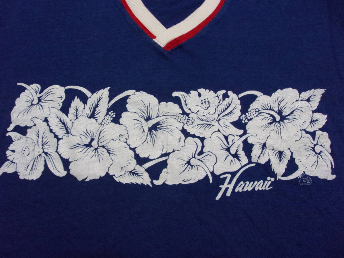80's HAWAII Tシャツ size XL (~size L位) 80年代 USA製 Vネック ハイビスカス ハワイ OLD VINTAGE H.WOLF & SONS 古着_画像5