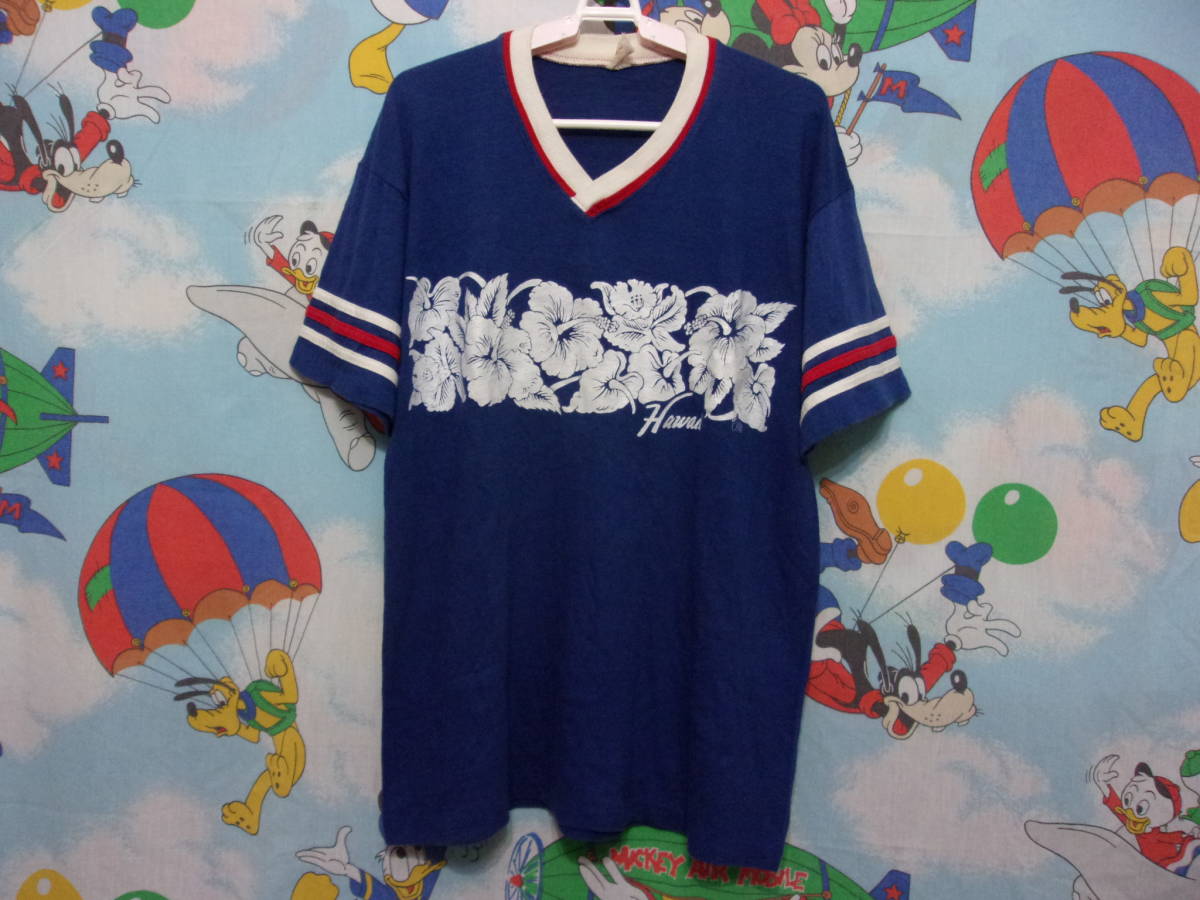 80's HAWAII Tシャツ size XL (~size L位) 80年代 USA製 Vネック ハイビスカス ハワイ OLD VINTAGE H.WOLF & SONS 古着_画像1