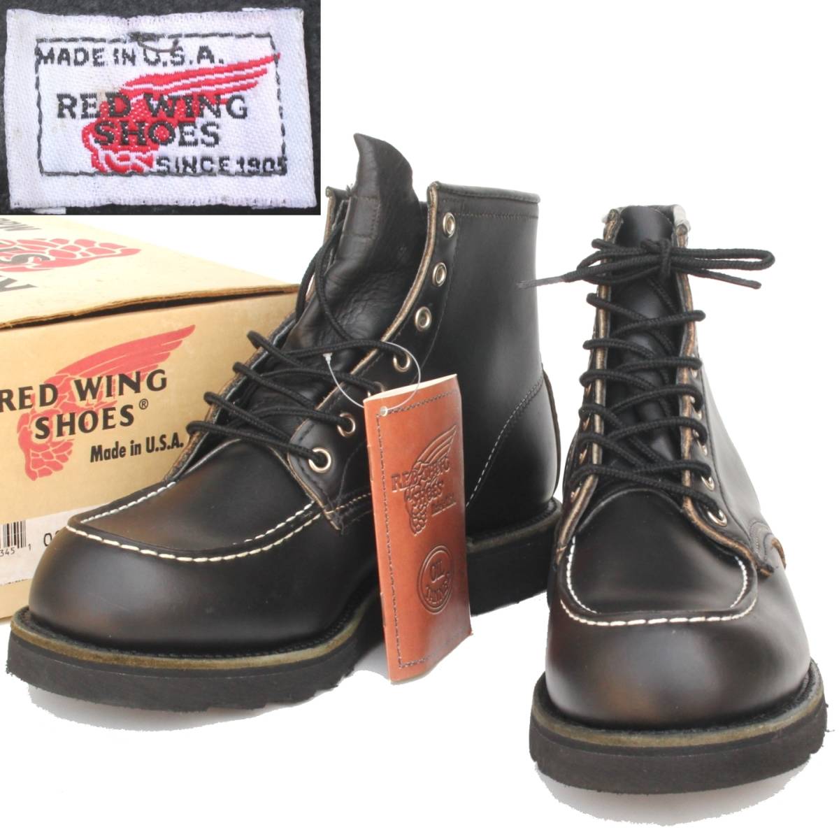 (11028)Deadstock REDWING8137レッドウィング9.5D約27.5cm断面茶(黒オールブラック未使用デッドストック刺繍羽タグ旧羽黒ソール茶芯00年製)