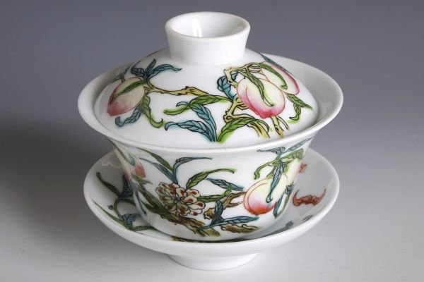 NK24257 中国陶器 桃花吉祥文碗 蓋茶碗 茶道具 煎茶碗 煎茶 検:景徳 NK24257 中国陶器 桃花吉祥文碗 蓋茶碗 茶道具 煎茶碗 煎茶 検:景徳