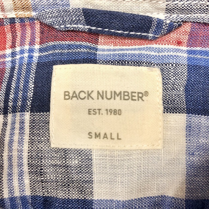 BACK NUMBER バックナンバー S メンズ 男性 シャツ チェック トロピカル生地 服 レギュラーカラー 半袖 胸ポケット 麻100% マルチカラー_画像3