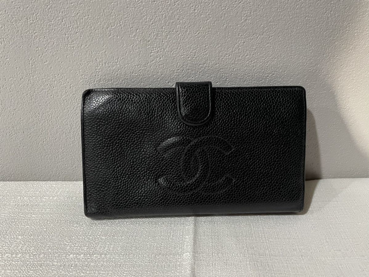 CHANEL シャネル折り長財布キャビアスキンココマークがま口レディース